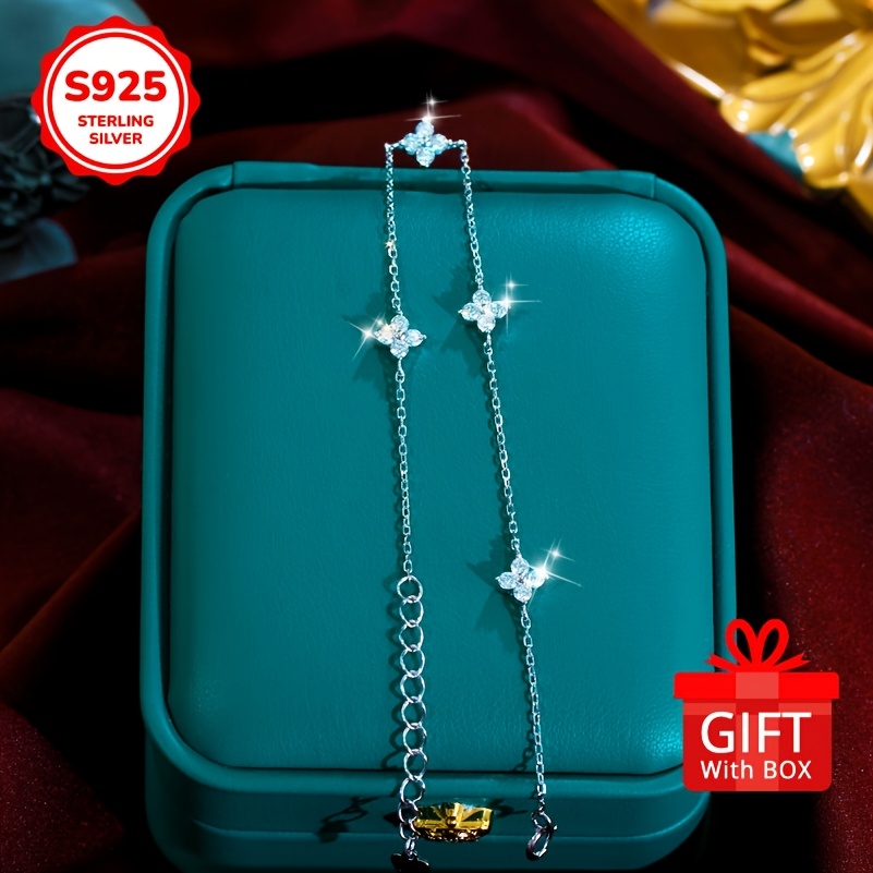 Four Leaf Clover 925 Silver Bracelet with Zirconia for Girlfriend